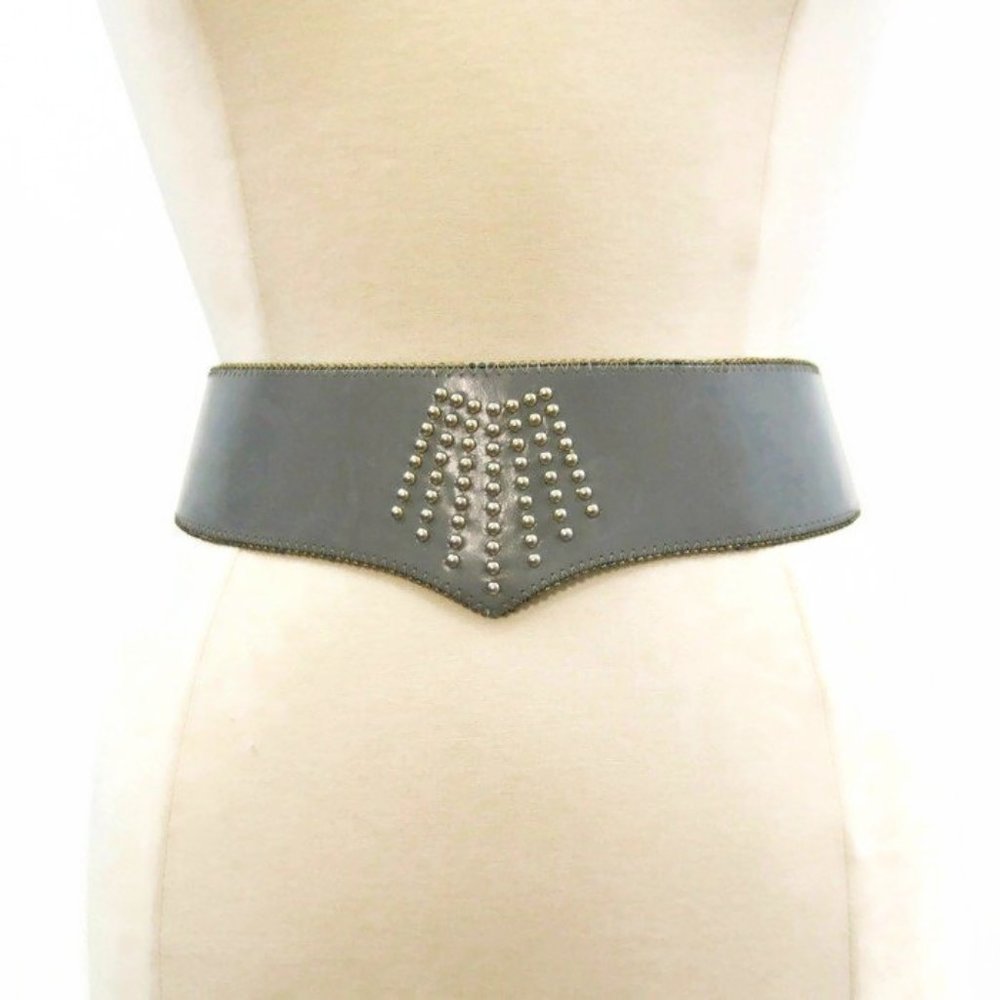 Vintage 80s Belt Wide Grey Leather Studded Brass Beads by Emmanuel S - M